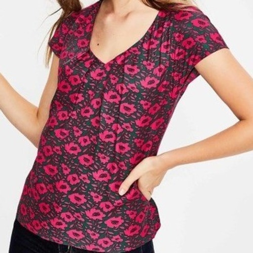 Boden Ravello Silk Blend Short Sleeve Blouse Green Pink Floral Print, Size 8